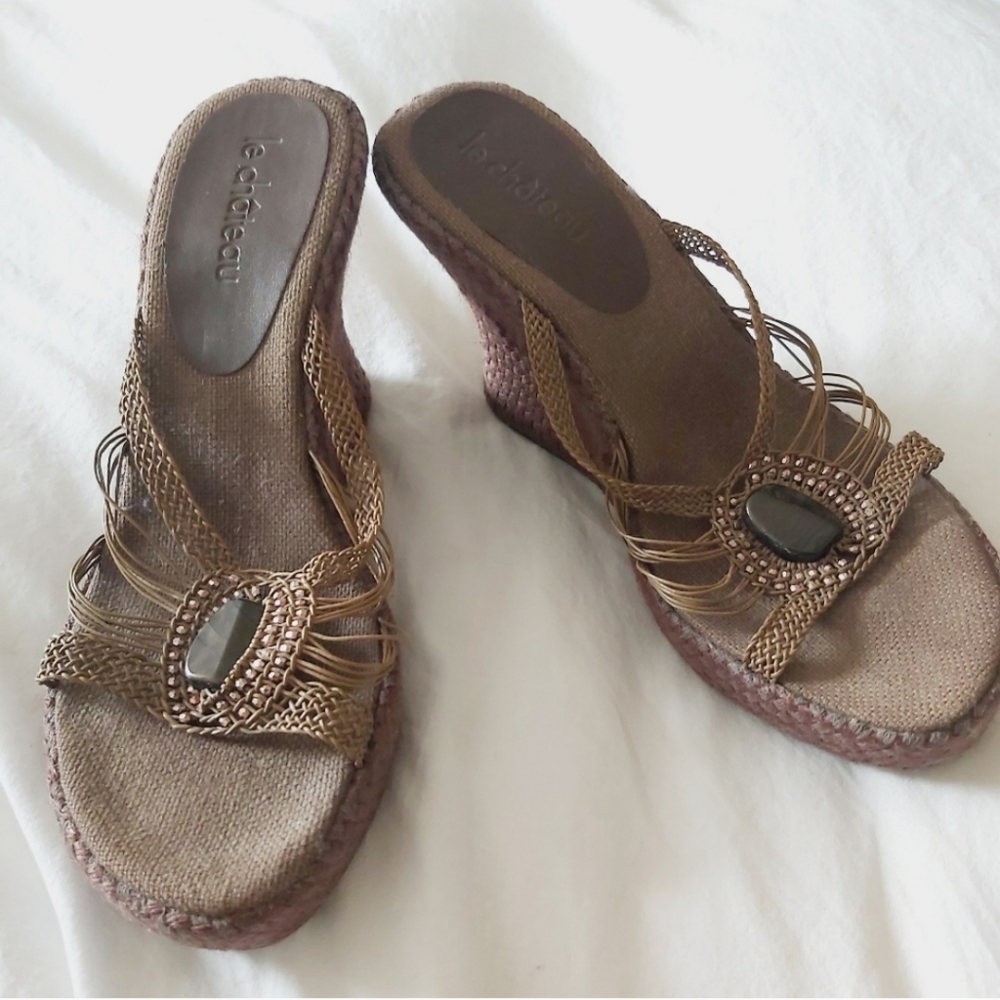 🖤3/$20 Y2K Le Chateau Bronze Woven Jewel Wedge Boho Vintage Sandals